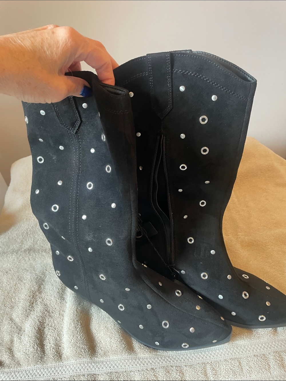 No Boundaries Black Suede Heeled Boots with Silver Eyelets